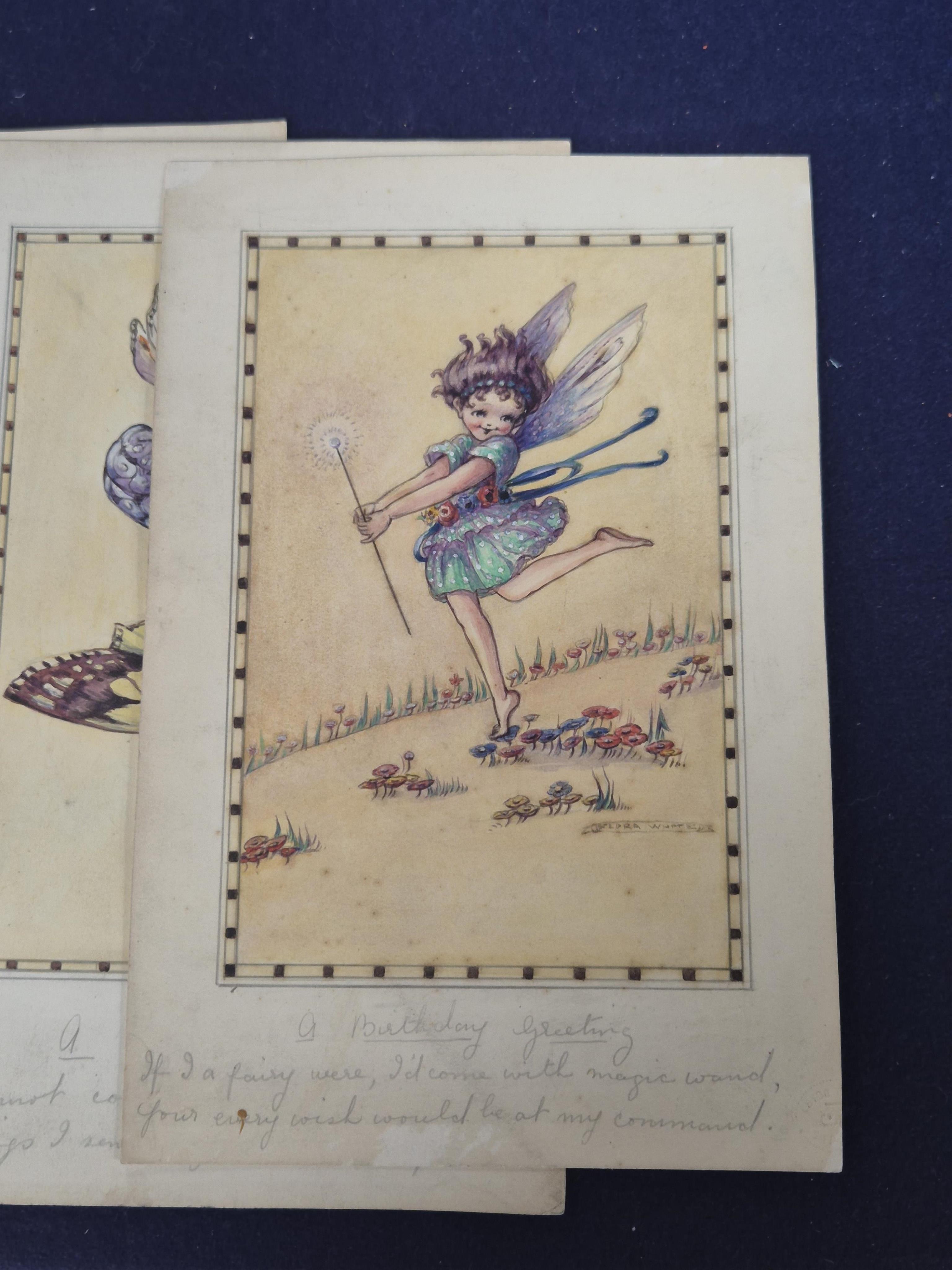 Flora White (Early 20th. C), Set of six original watercolours for children's birthday cards, Flower Fairies, each signed, inscribed in pencil, 23 x 14cm